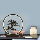 Artistic Black Pine Silhouette Circle Decor Table Lamp Image - 7