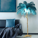 Artistic Blue Feather Gold Branch Base Floor Lamp Image - 1