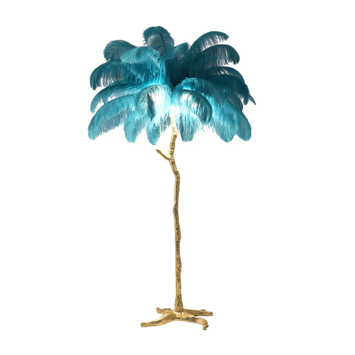 Artistic Blue Feather Gold Branch Base Floor Lamp Image - 5