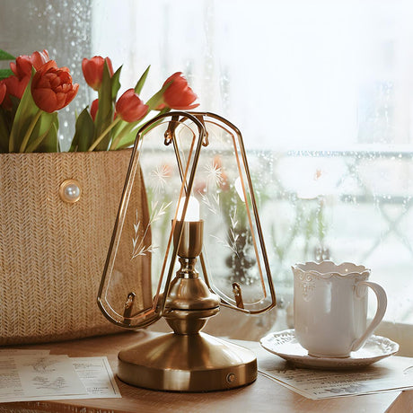 Artistic Brass Triangle Shape Glass Modern Table Lamp Image - 1