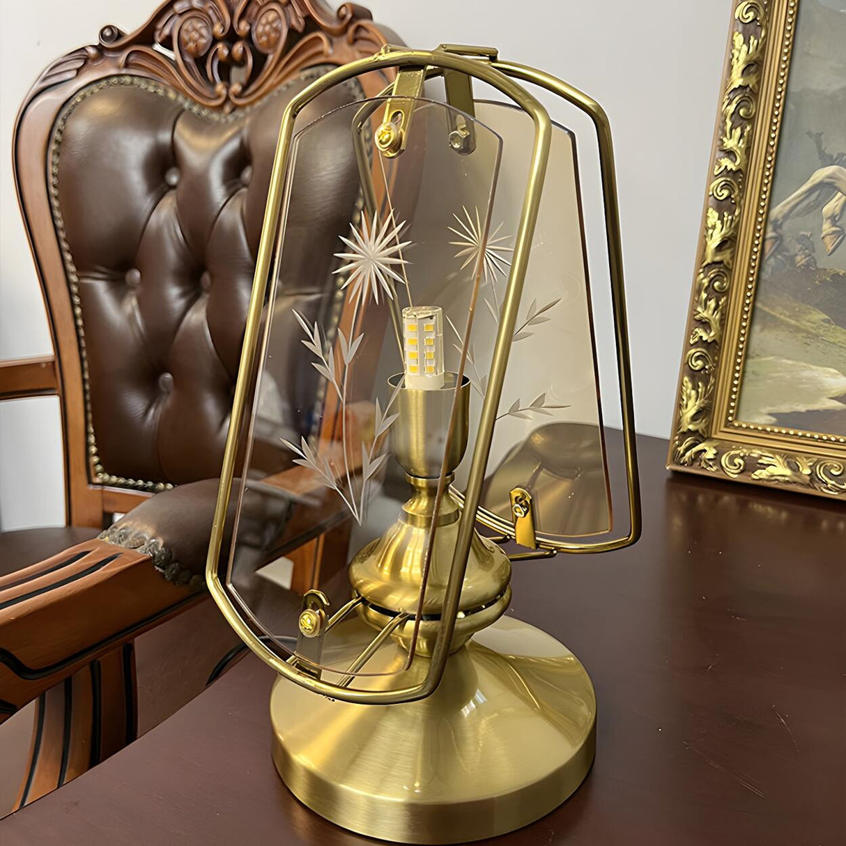 Artistic Brass Triangle Shape Glass Modern Table Lamp Image - 5