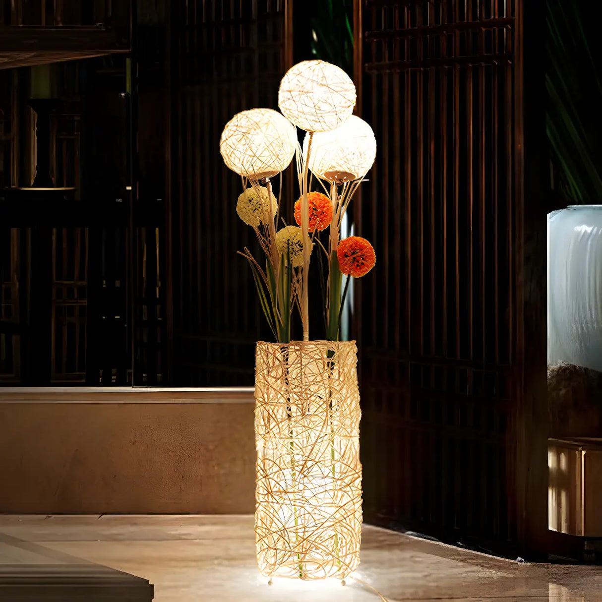 Artistic Cylinder Rattan Wooden Column Floor Lamp Image - 1