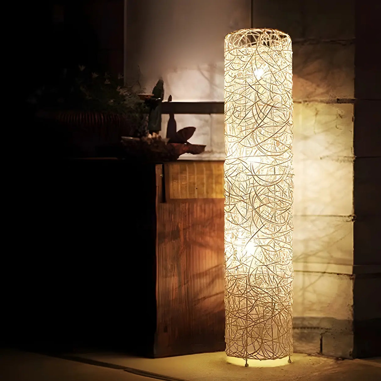 Artistic Cylinder Rattan Wooden Column Floor Lamp Image - 16