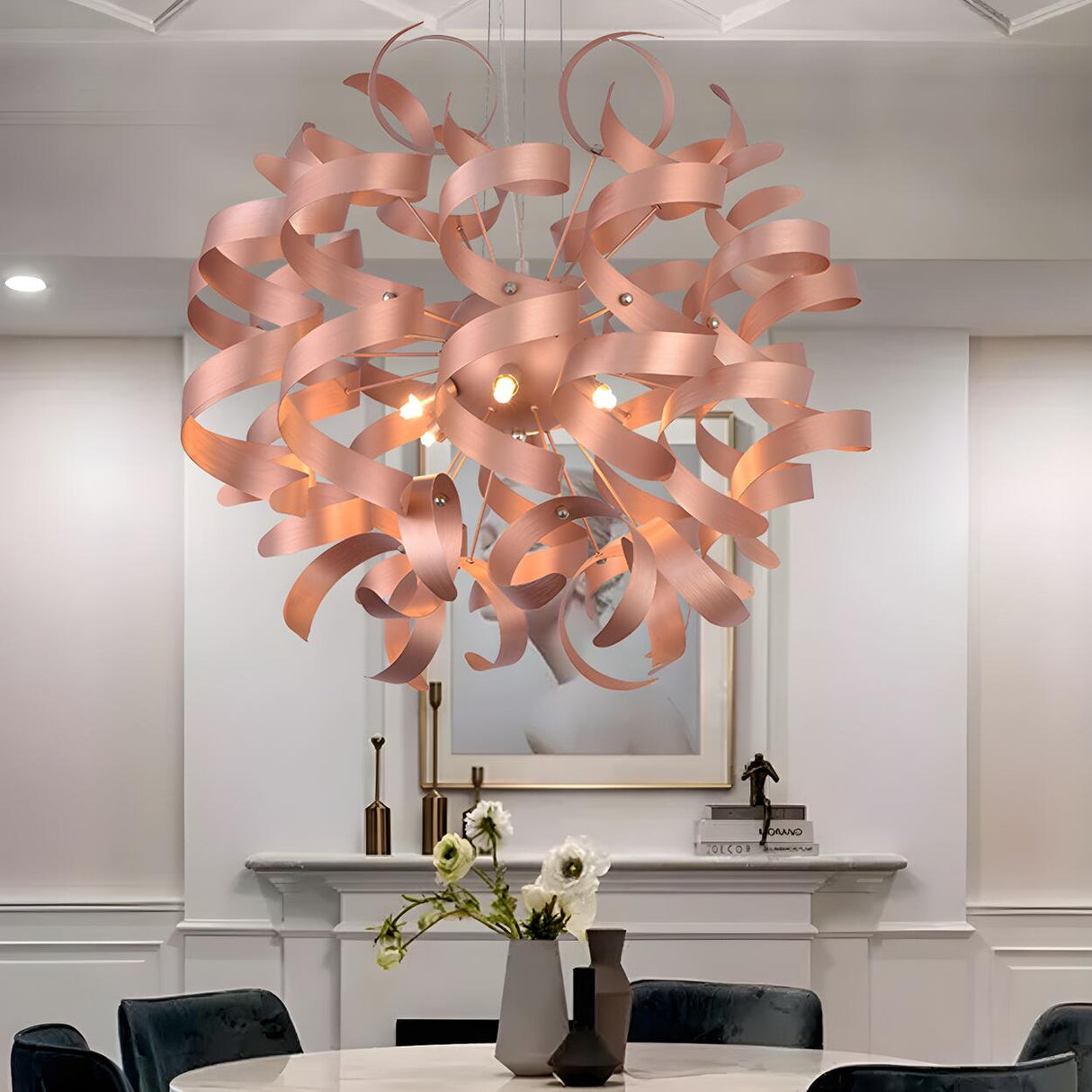 Artistic Dining Room Rose Gold Ribbon Sculptural Chandelier Image - 1