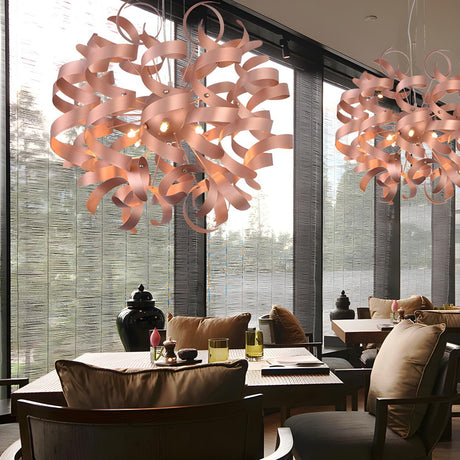 Artistic Dining Room Rose Gold Ribbon Sculptural Chandelier Image - 2