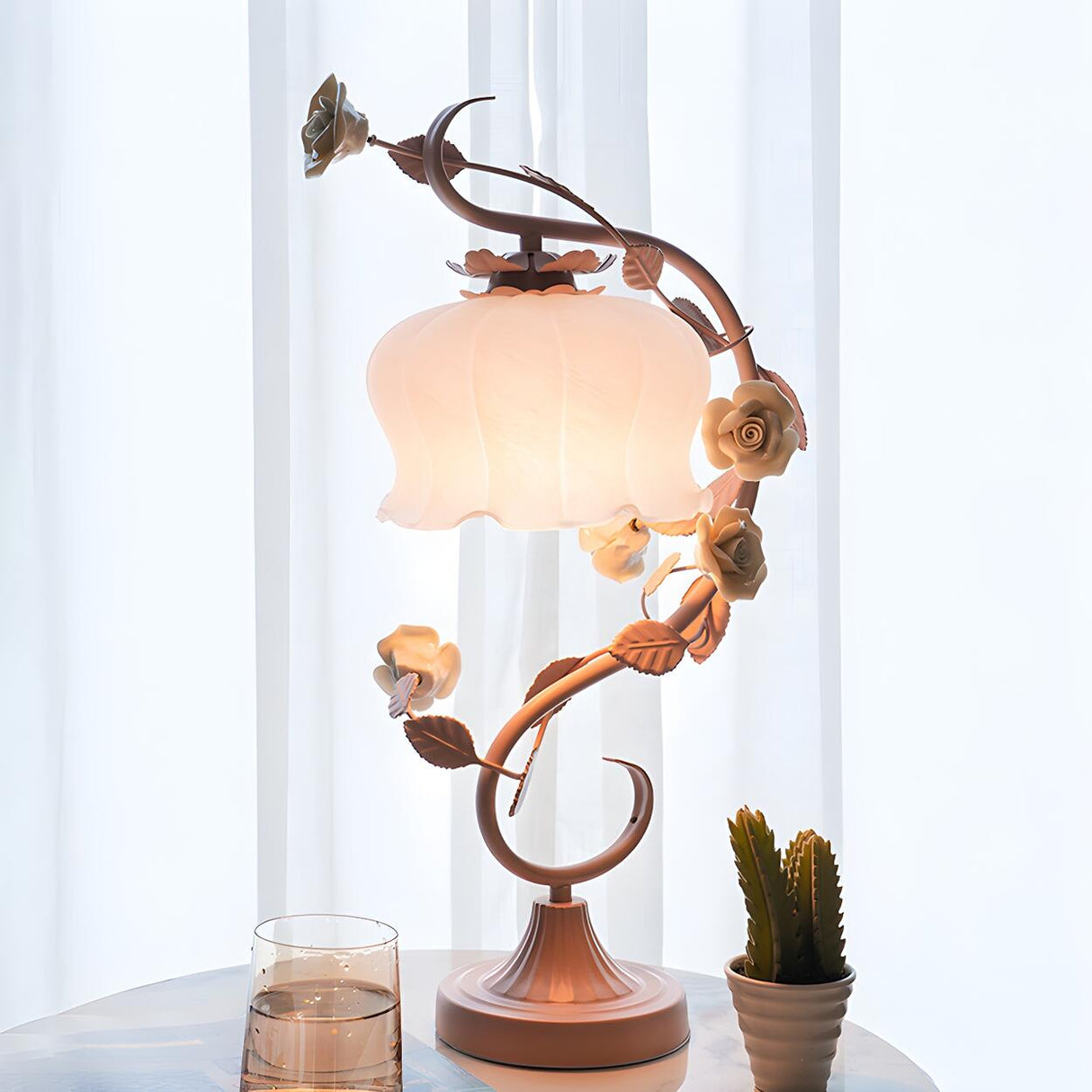  Artistic Elegant Rose Glass Shade Metal Base Table Lamp Image - 1