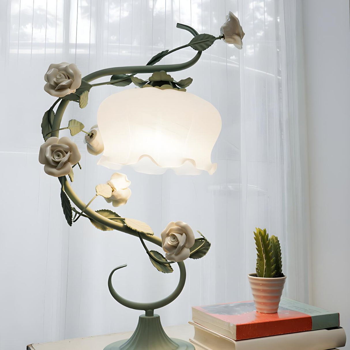  Artistic Elegant Rose Glass Shade Metal Base Table Lamp Image - 12