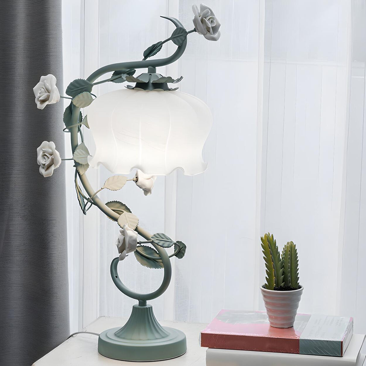  Artistic Elegant Rose Glass Shade Metal Base Table Lamp Image - 2