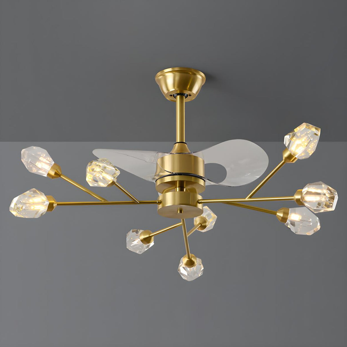 Artistic Firefly Crystal Decor Brass Ceiling Fan Light Image - 2