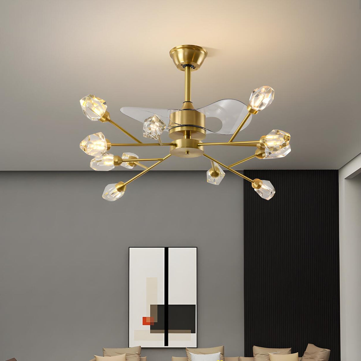 Artistic Firefly Crystal Decor Brass Ceiling Fan Light Image - 5