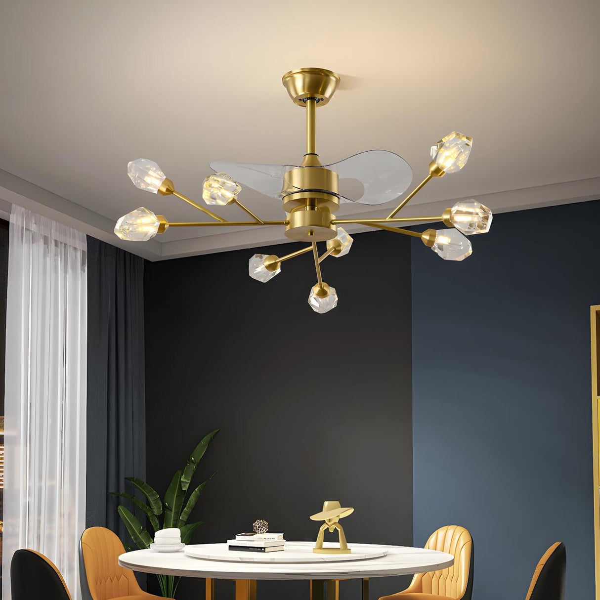 Artistic Firefly Crystal Decor Brass Ceiling Fan Light Image - 7