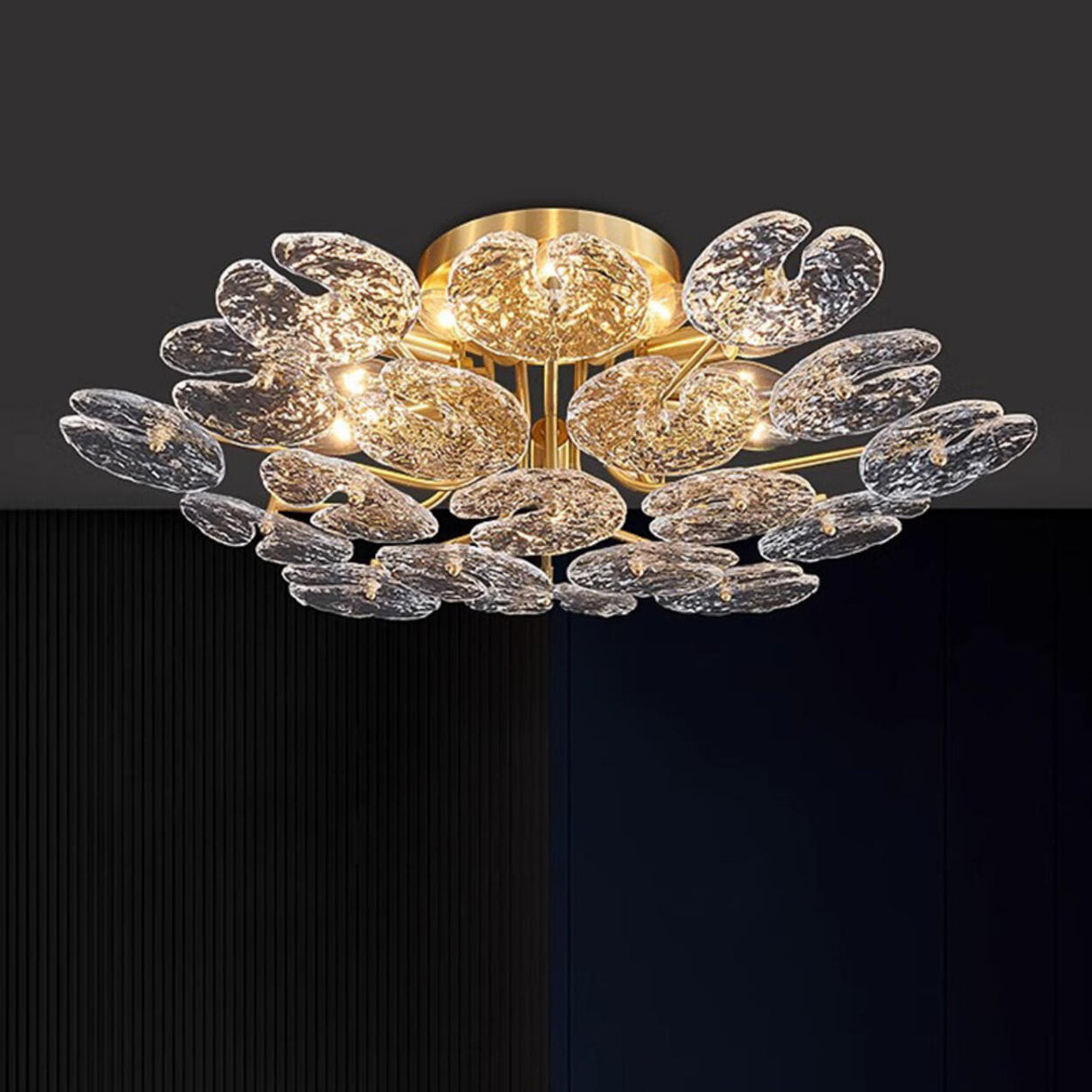 Artistic Floral Brass Crystal Semi-Flush Mount Light Image - 4