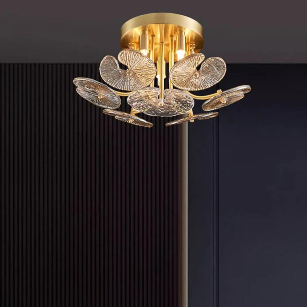 Artistic Floral Brass Crystal Semi-Flush Mount Light Image - 6