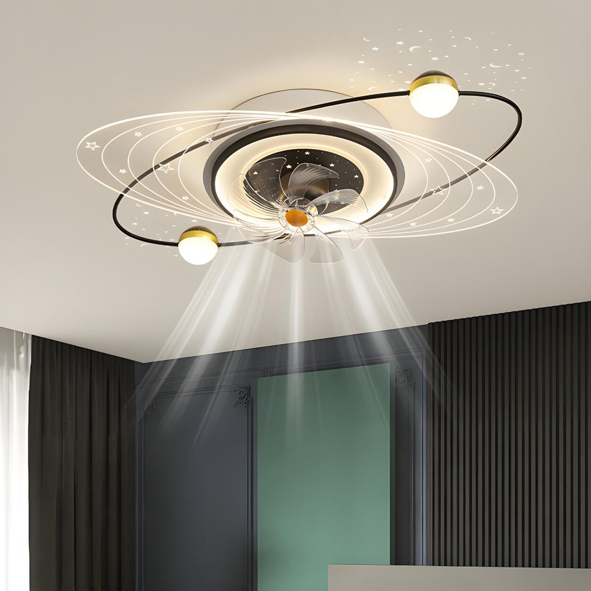 Artistic Flush Mount Saturn Ceiling Fan with LED Light Image - 13