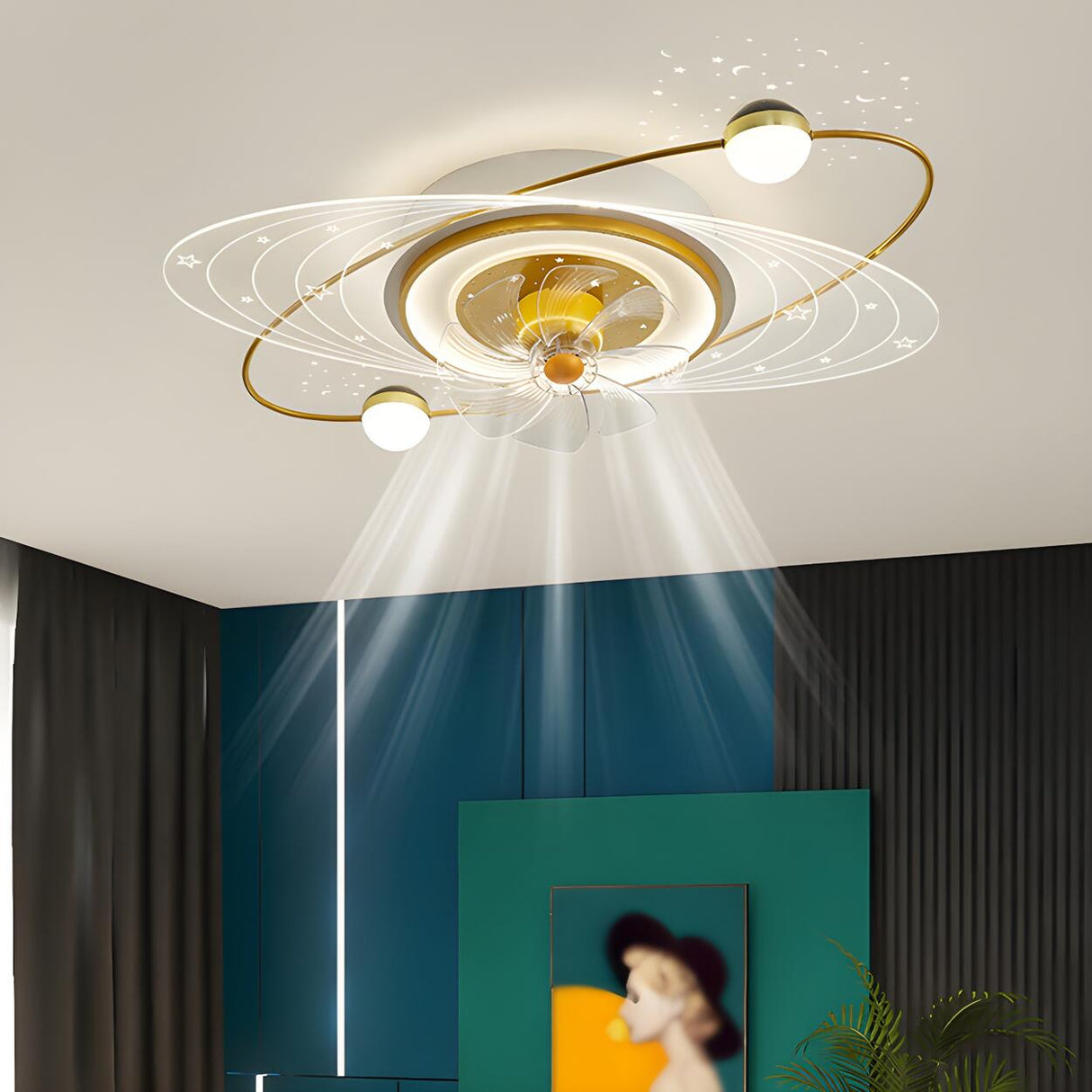 Artistic Flush Mount Saturn Ceiling Fan with LED Light Image - 2