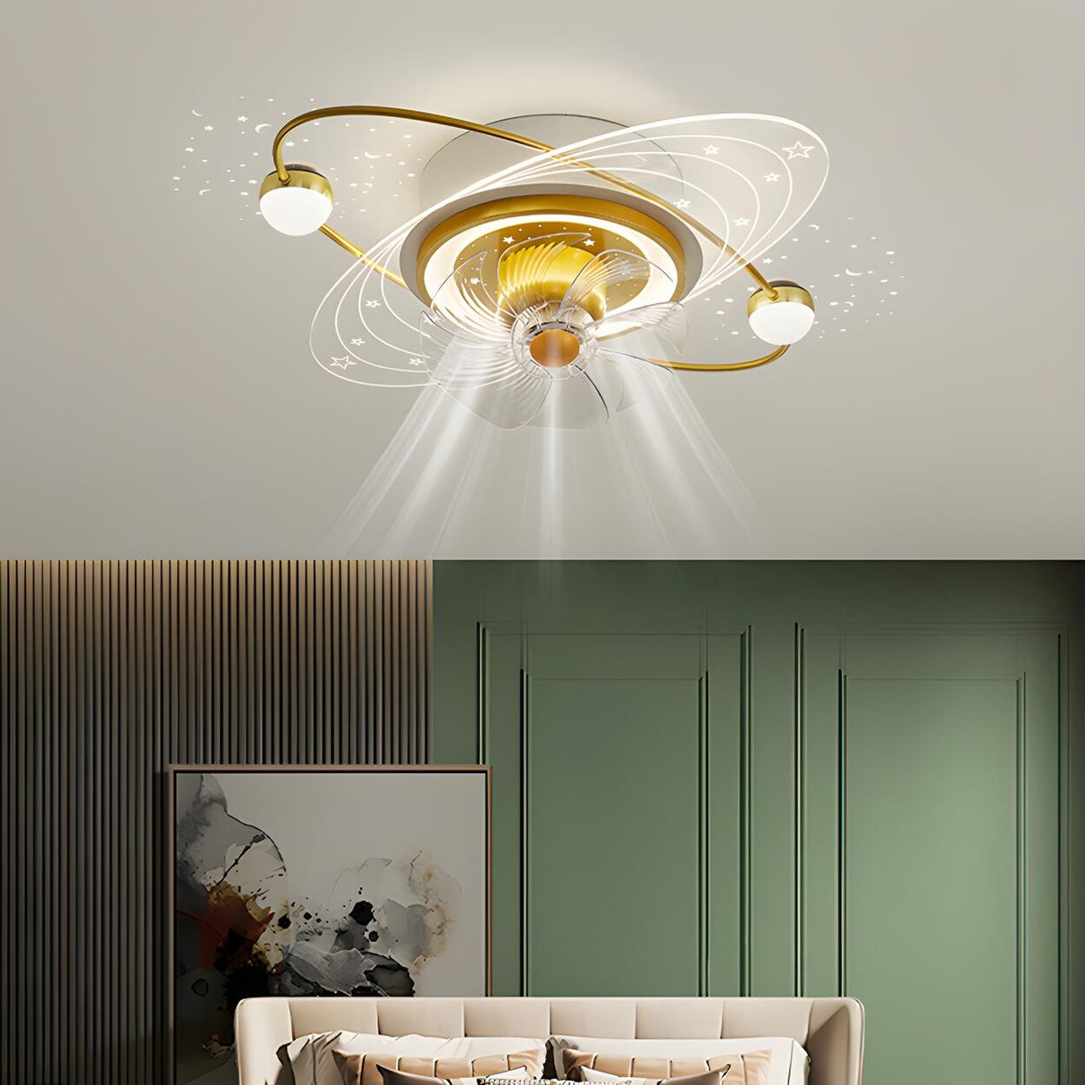 Artistic Flush Mount Saturn Ceiling Fan with LED Light Image - 4