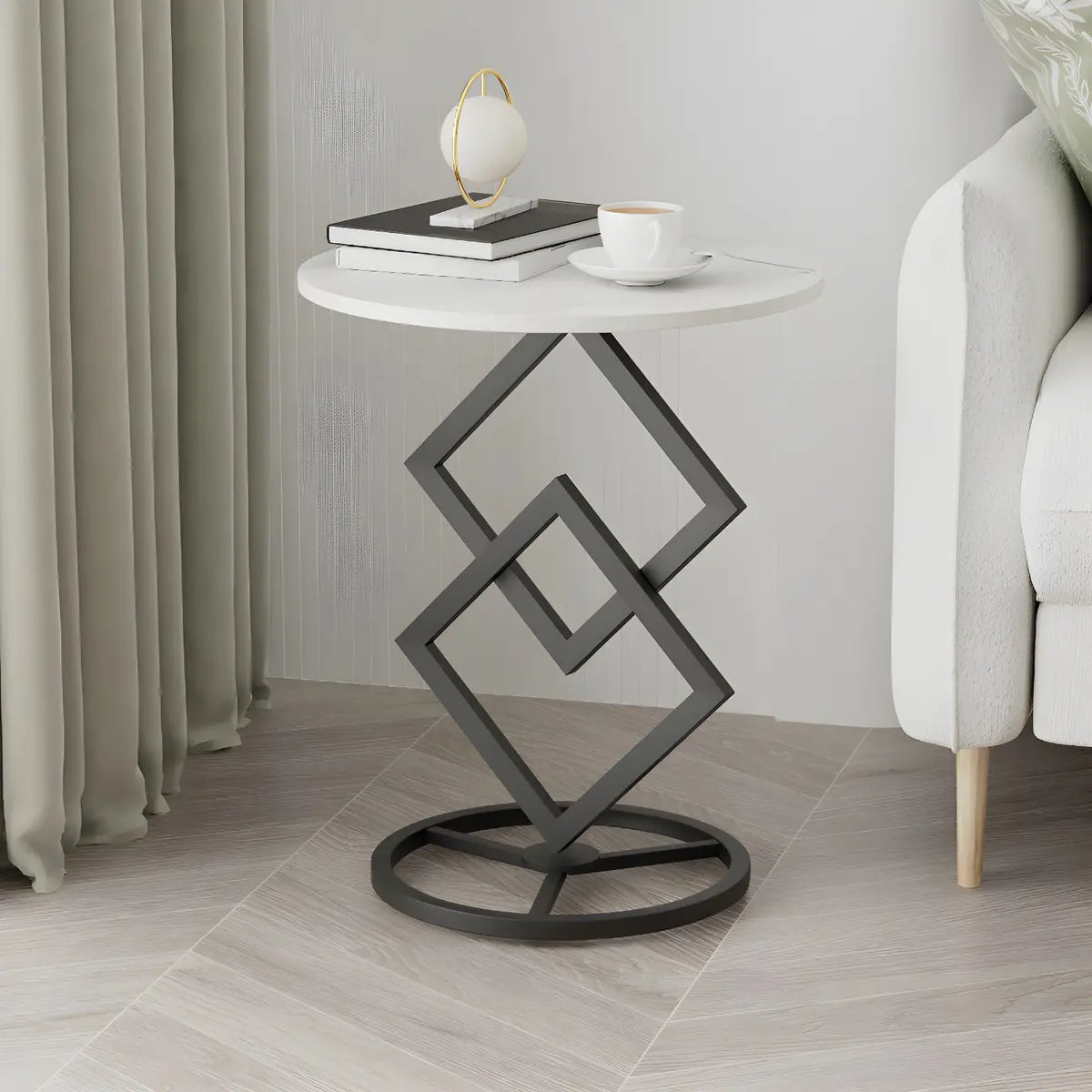 Artistic Geometric Marble Black Steel Pedestal Side Table Image - 1