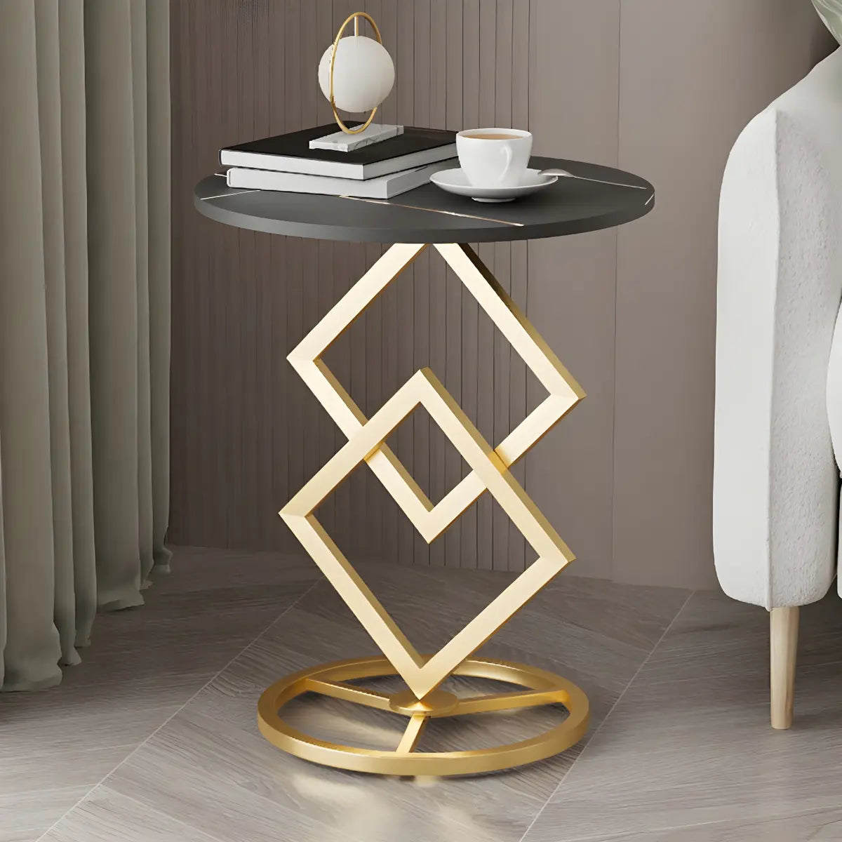 Artistic Geometric Marble Black Steel Pedestal Side Table Image - 3