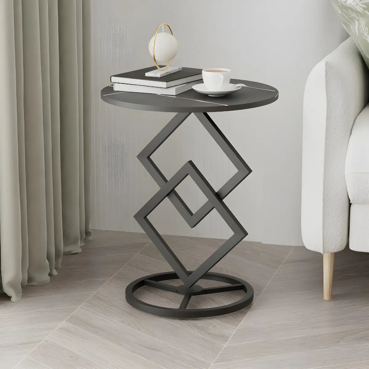 Artistic Geometric Marble Black Steel Pedestal Side Table Image - 9