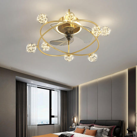 Artistic Gold Ring Ball Decor 3-Blade Ceiling Fan Light Image - 1