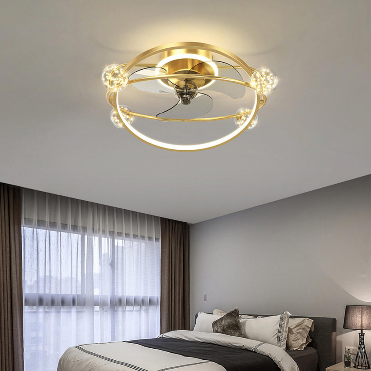 Artistic Gold Ring Ball Decor 3-Blade Ceiling Fan Light Image - 2