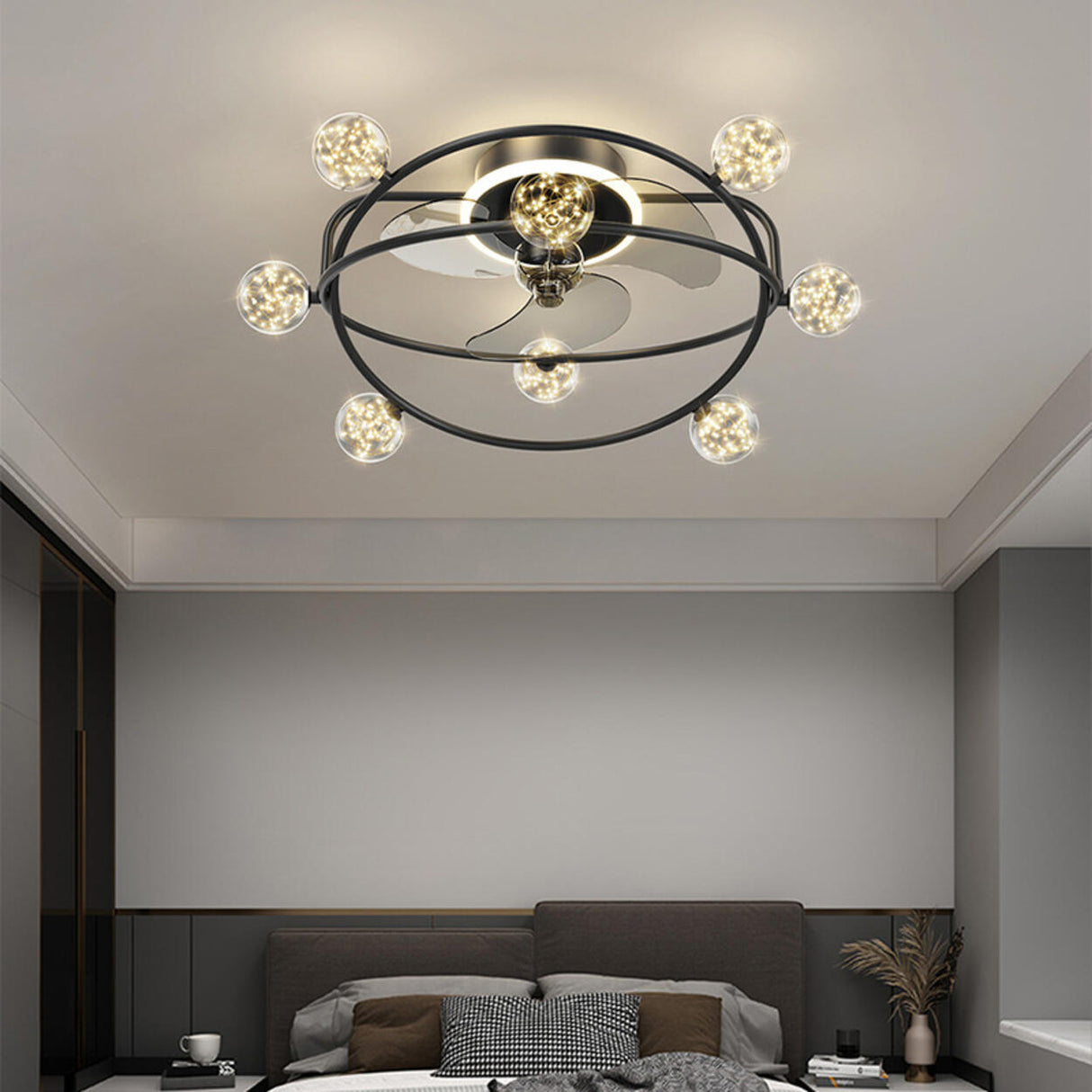 Artistic Gold Ring Ball Decor 3-Blade Ceiling Fan Light Image - 4