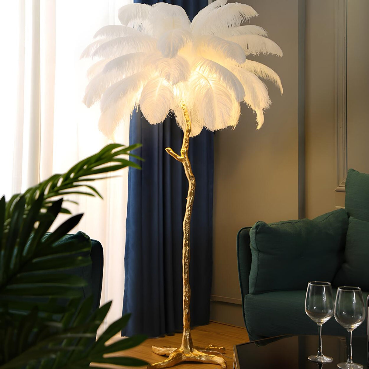 Artistic Gold Stand Feather Palm Tree Floor Lamp Image - 1