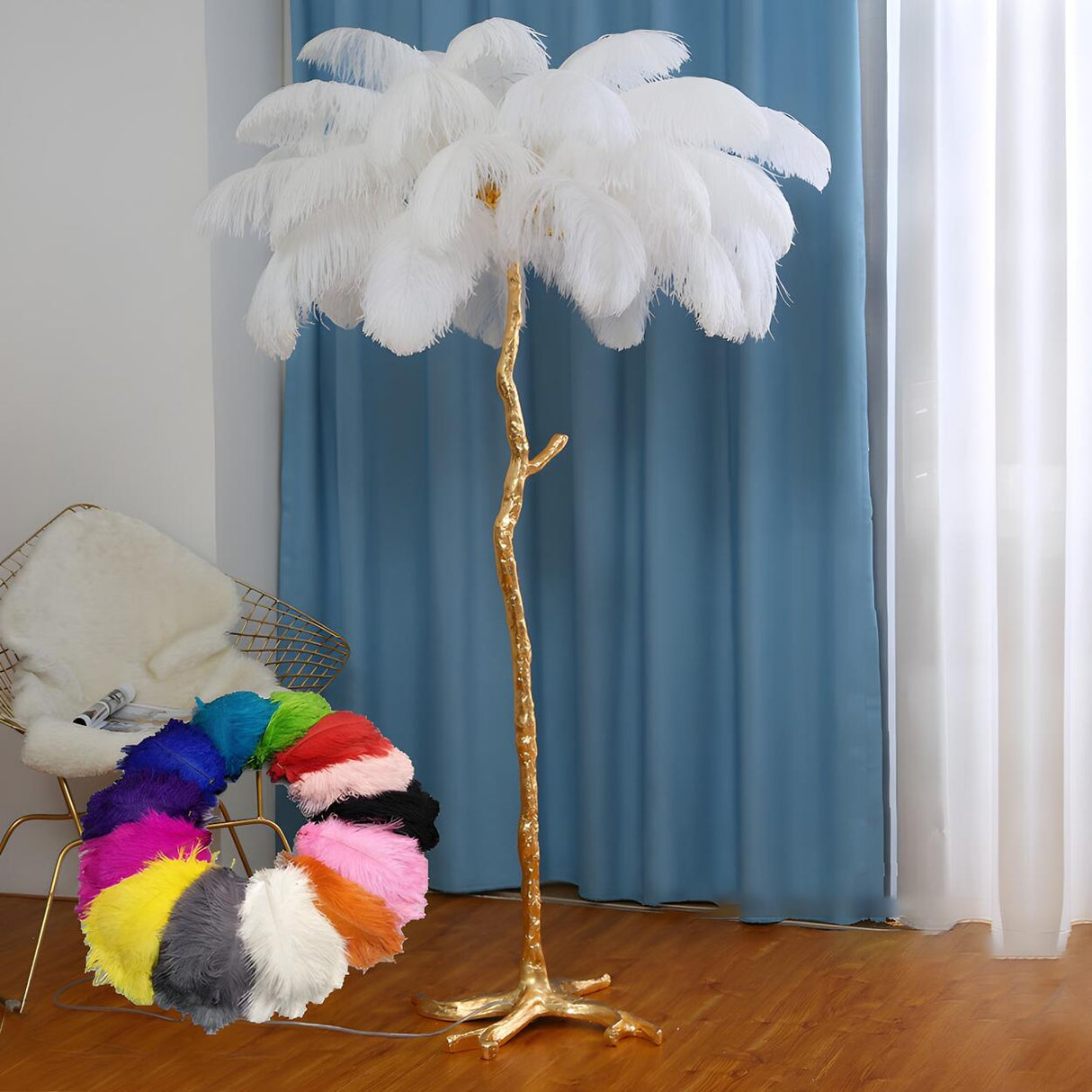 Artistic Gold Stand Feather Palm Tree Floor Lamp Image - 2