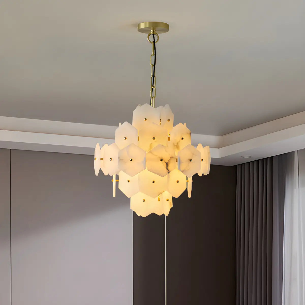 Artistic Hexagonal Alabaster White Pendant Light Chandelier Image - 12