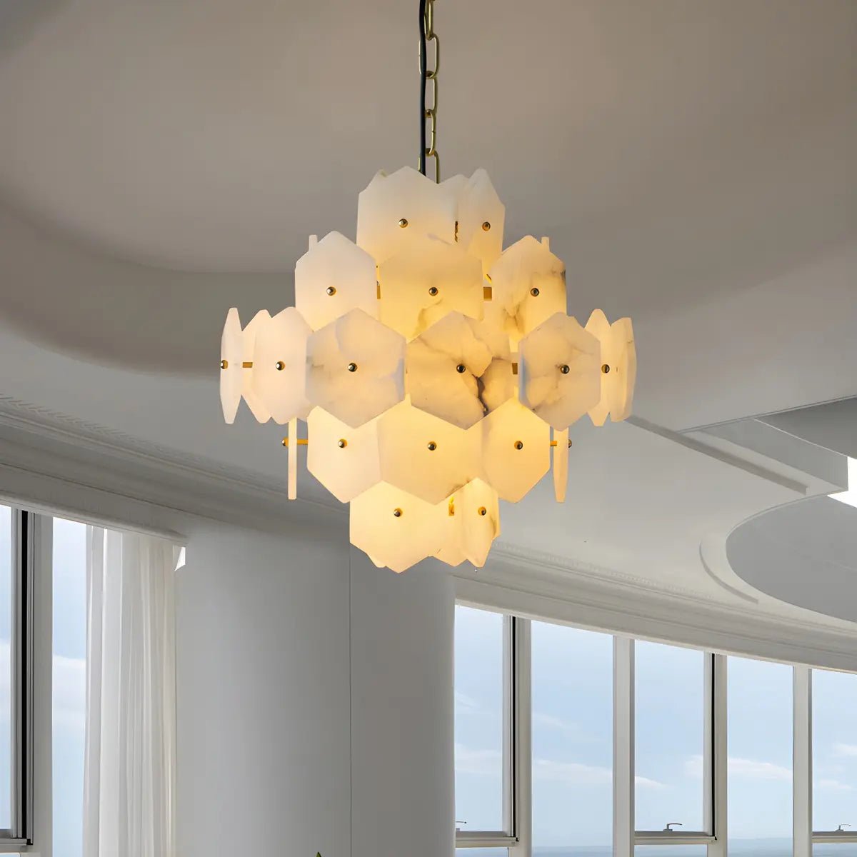 Artistic Hexagonal Alabaster White Pendant Light Chandelier Image - 14