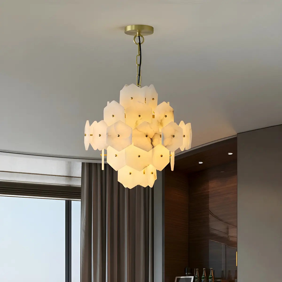 Artistic Hexagonal Alabaster White Pendant Light Chandelier Image - 4