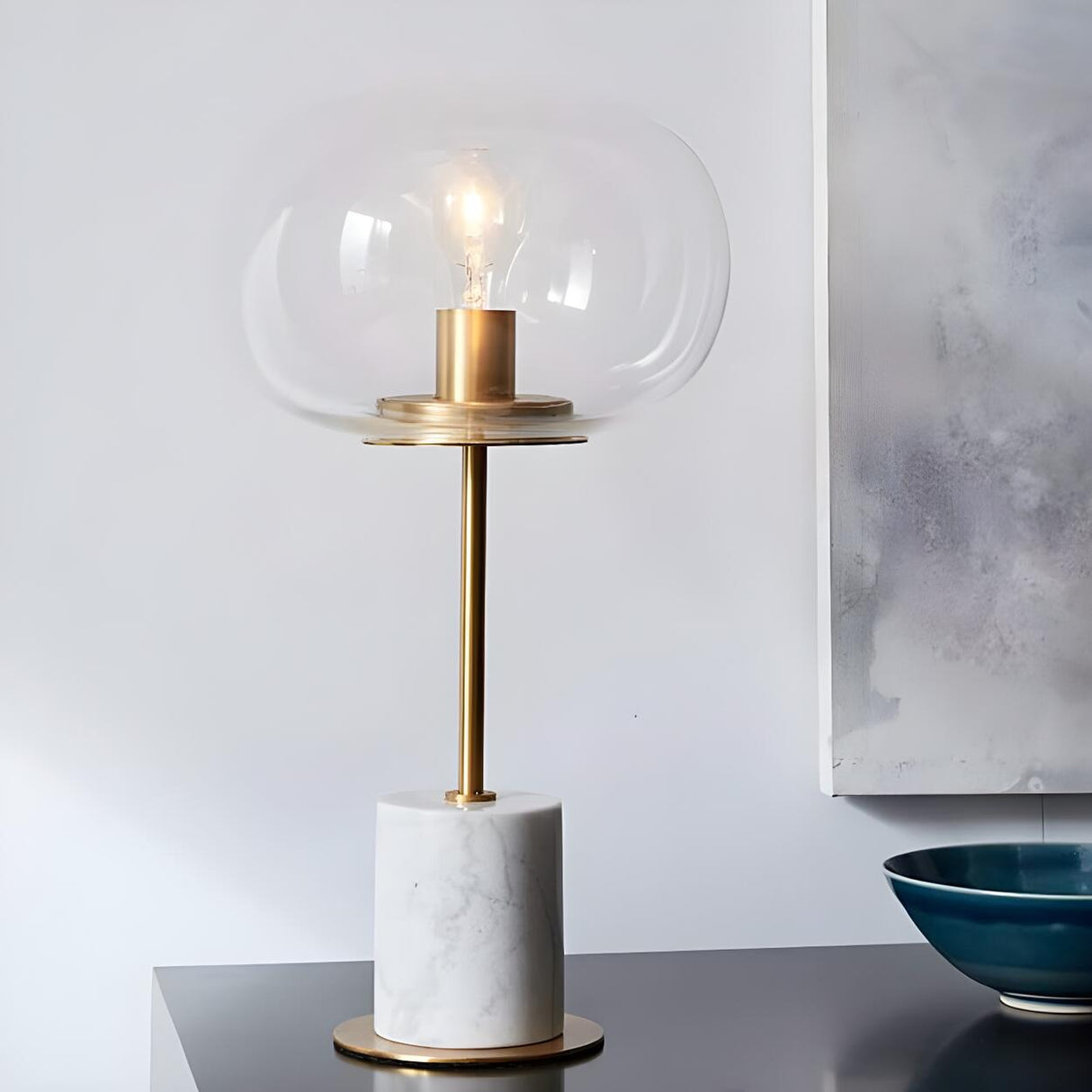 Artistic Marble Base Globe Glass Modern Table Lamp Image - 4