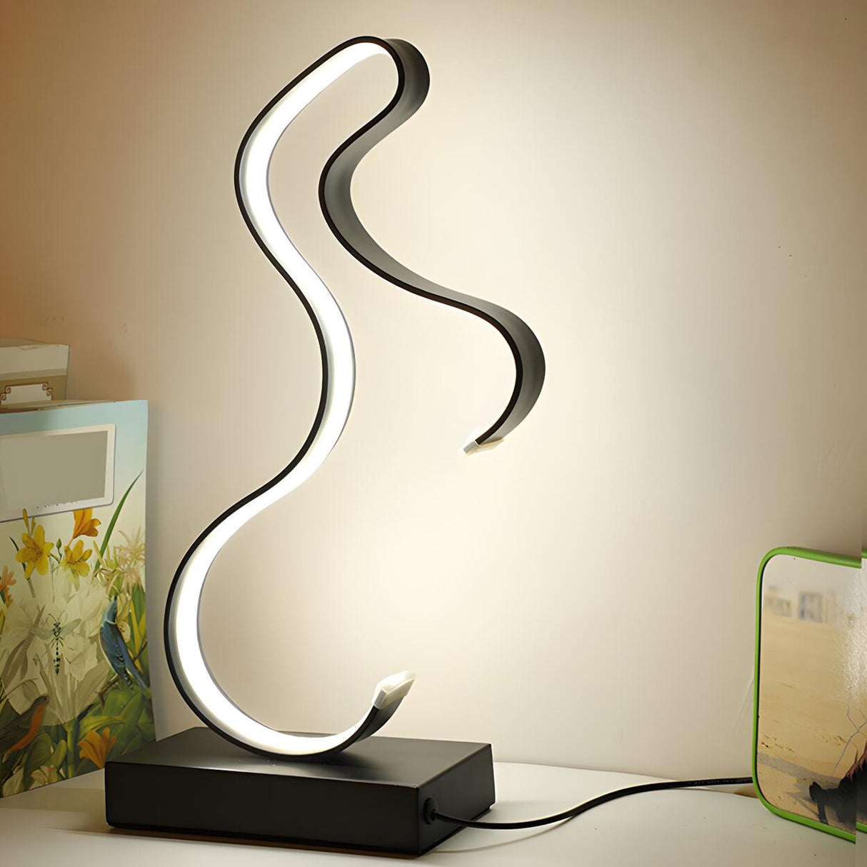 Artistic Modern Curved Linear Metal Bedside Table Lamp Image - 1