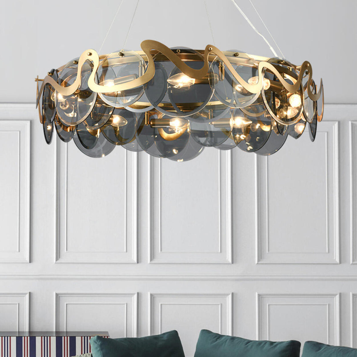 Artistic Modern Gold Drum Black Clear Glass Discs Chandelier Image - 3