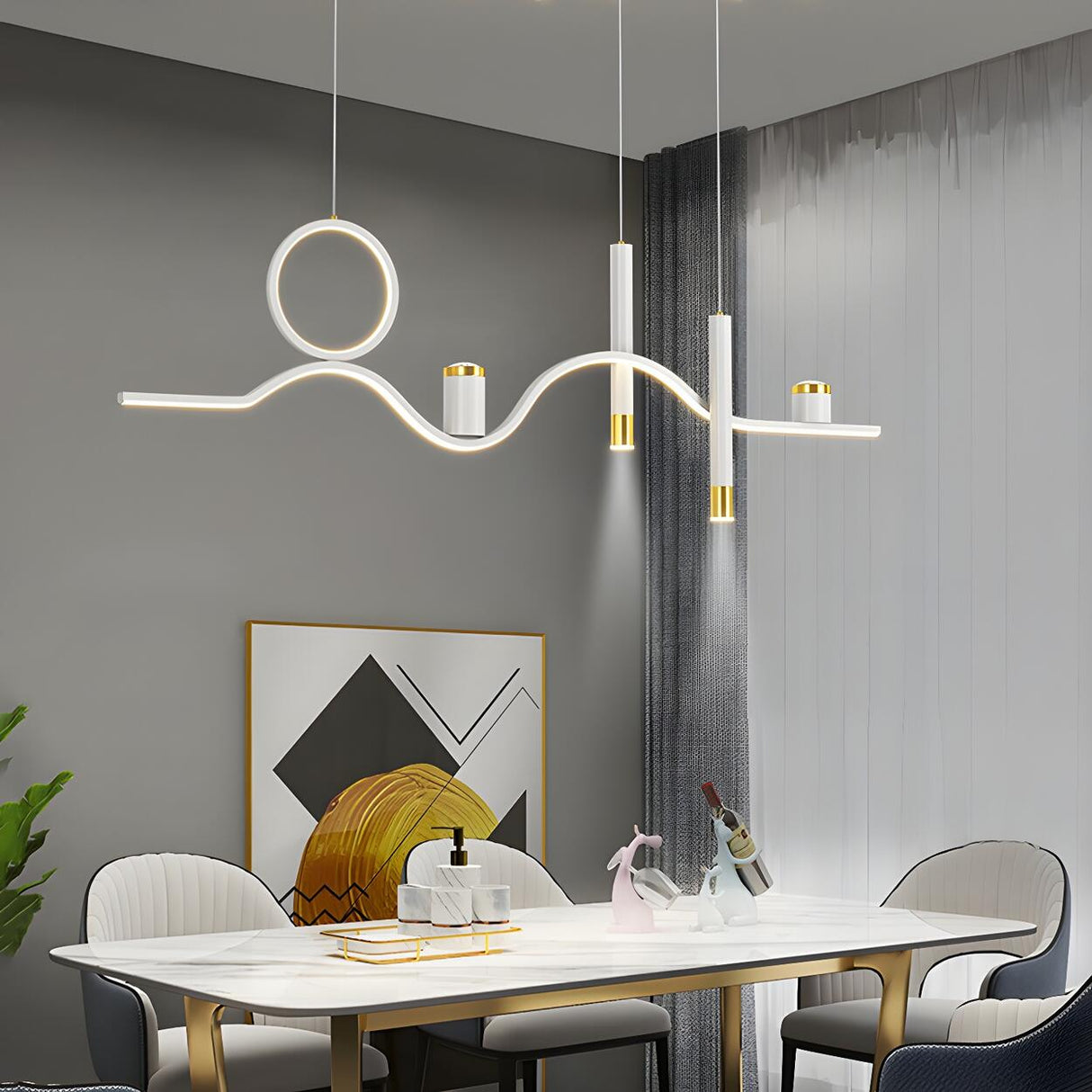 Artistic Modern LED Linear Metal Pendant Fan with Light Image - 14