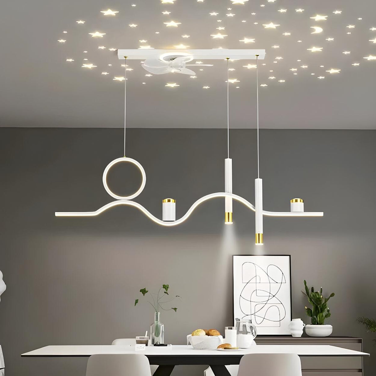 Artistic Modern LED Linear Metal Pendant Fan with Light Image - 2