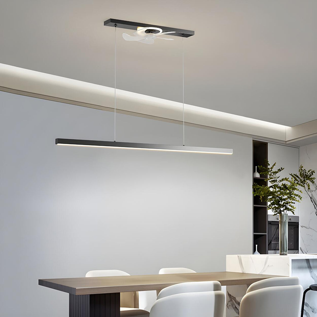 Artistic Modern LED Linear Metal Pendant Fan with Light Image - 3