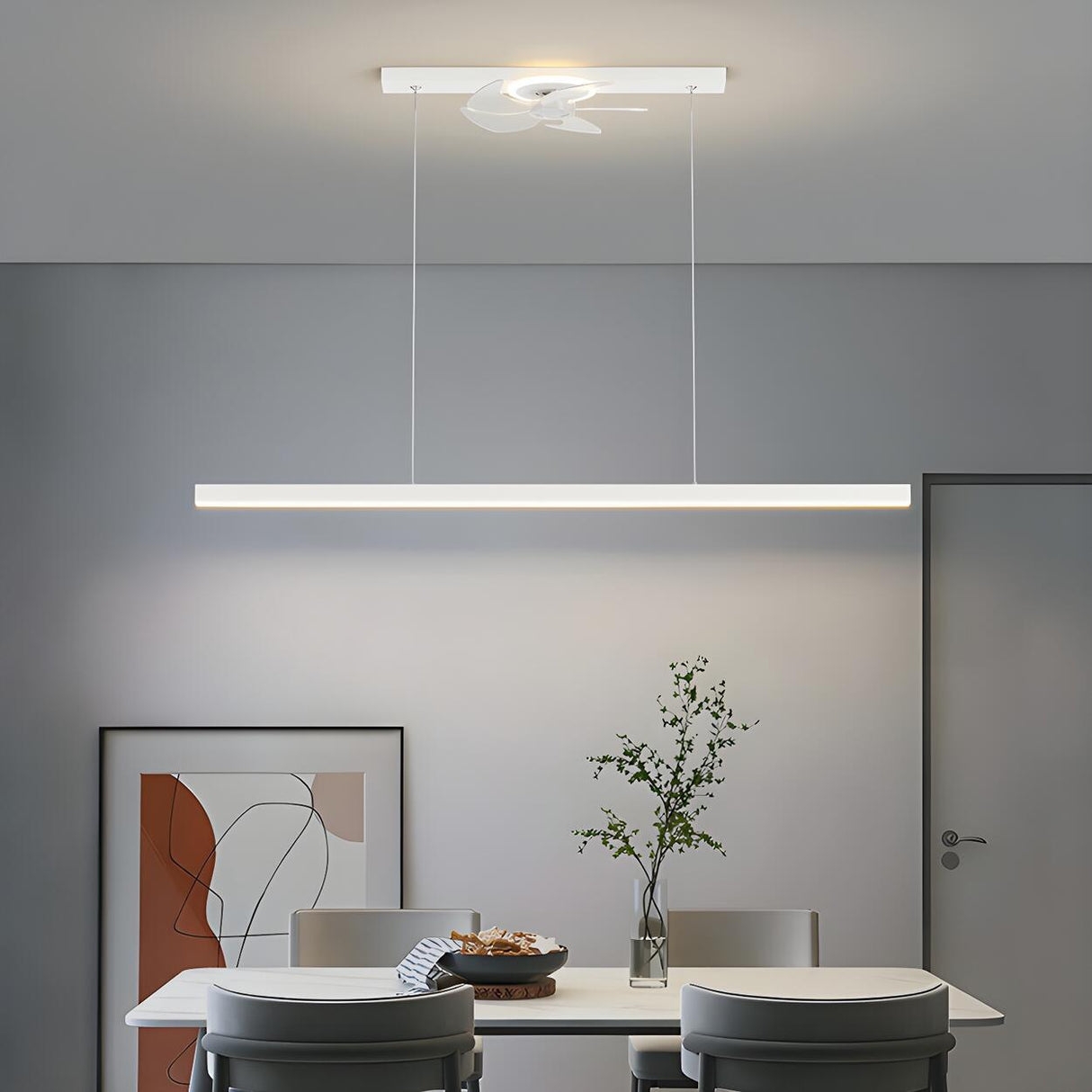 Artistic Modern LED Linear Metal Pendant Fan with Light Image - 4