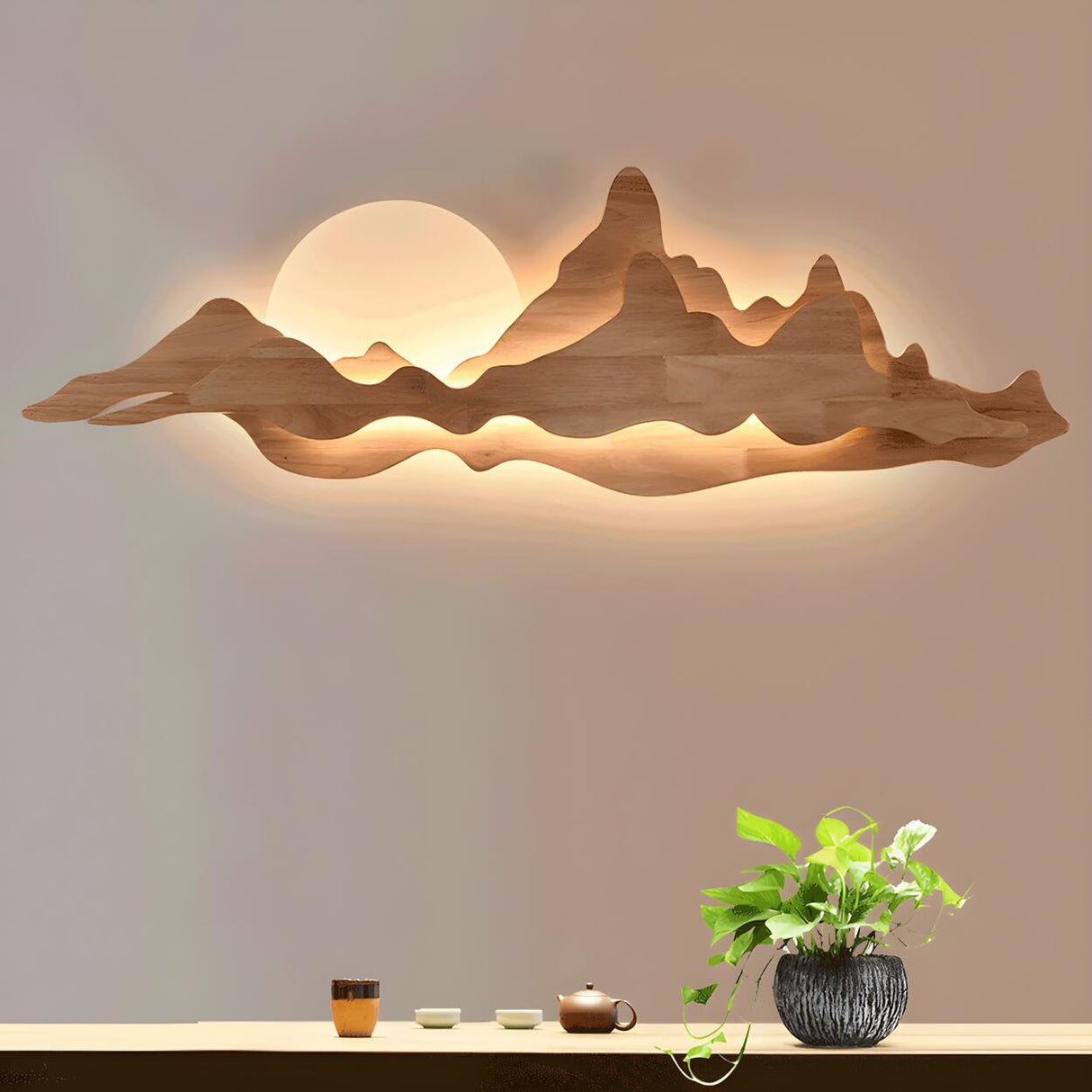 Artistic Mountain Landscape and Round Wood Wall Lamp Image - 1