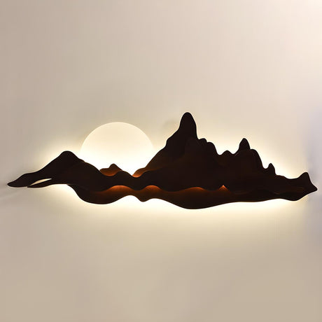 Artistic Mountain Landscape and Round Wood Wall Lamp Image - 2