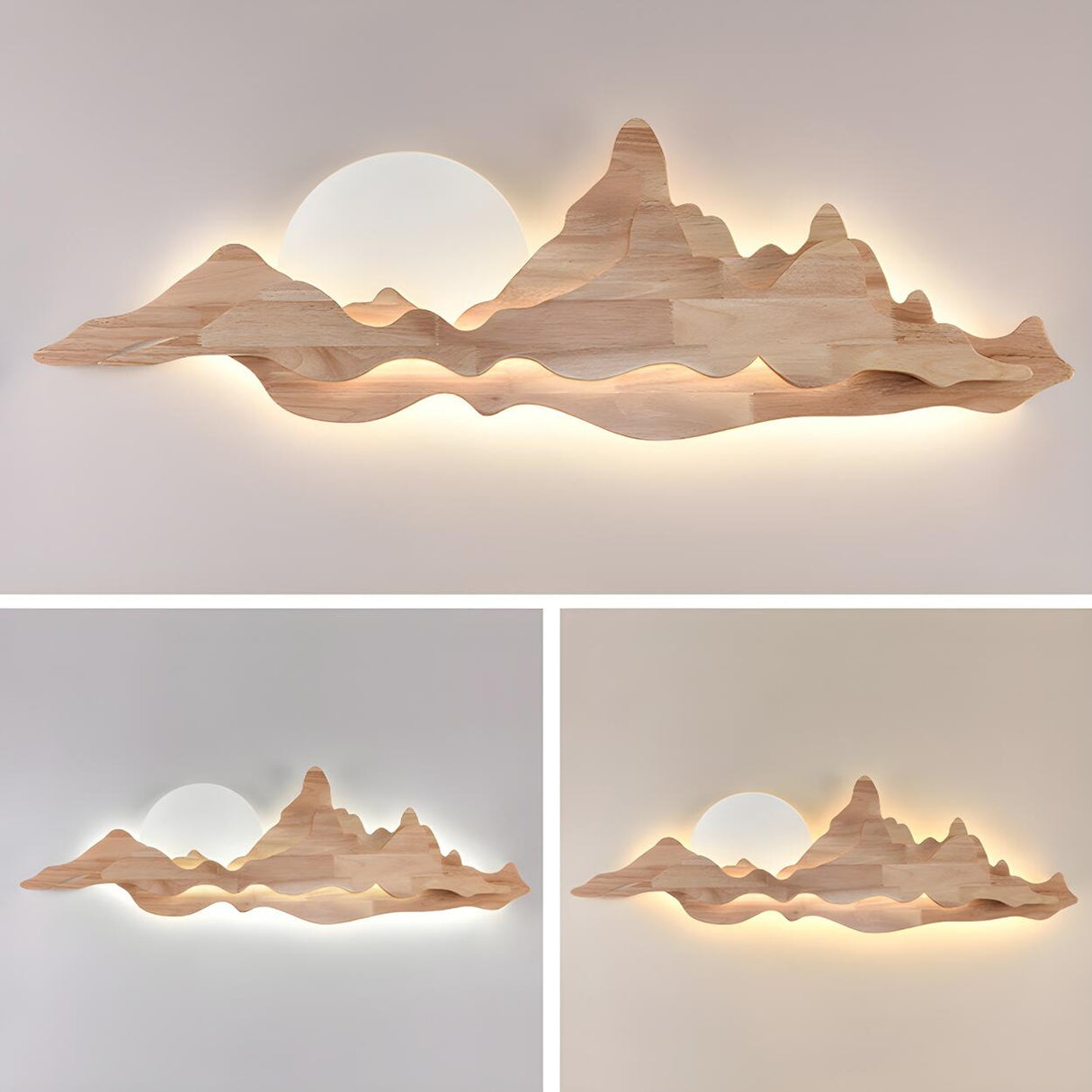 Artistic Mountain Landscape and Round Wood Wall Lamp Image - 7