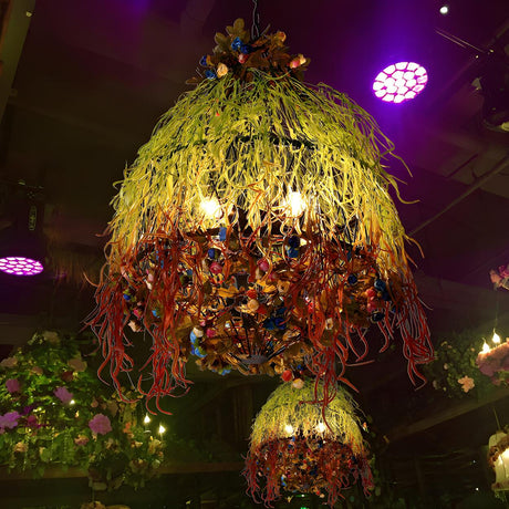 Artistic Restaurant Floral Green Plant Red Chandelier Image - 2