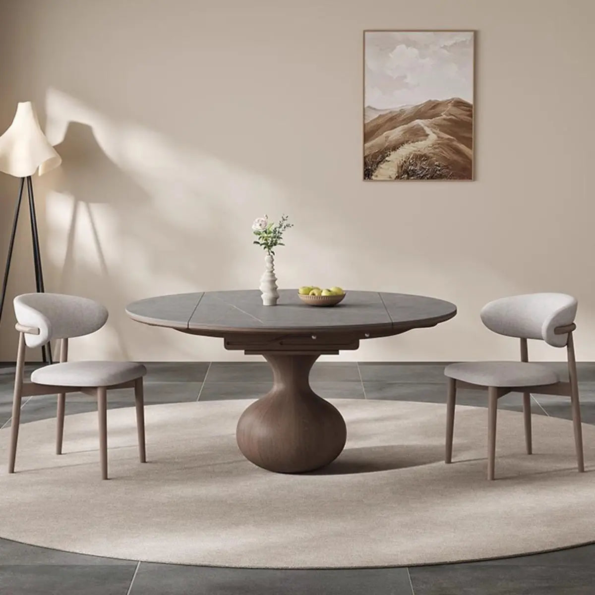 Artistic Round Sintered Stone Dining Table Grey Extendable Image - 2