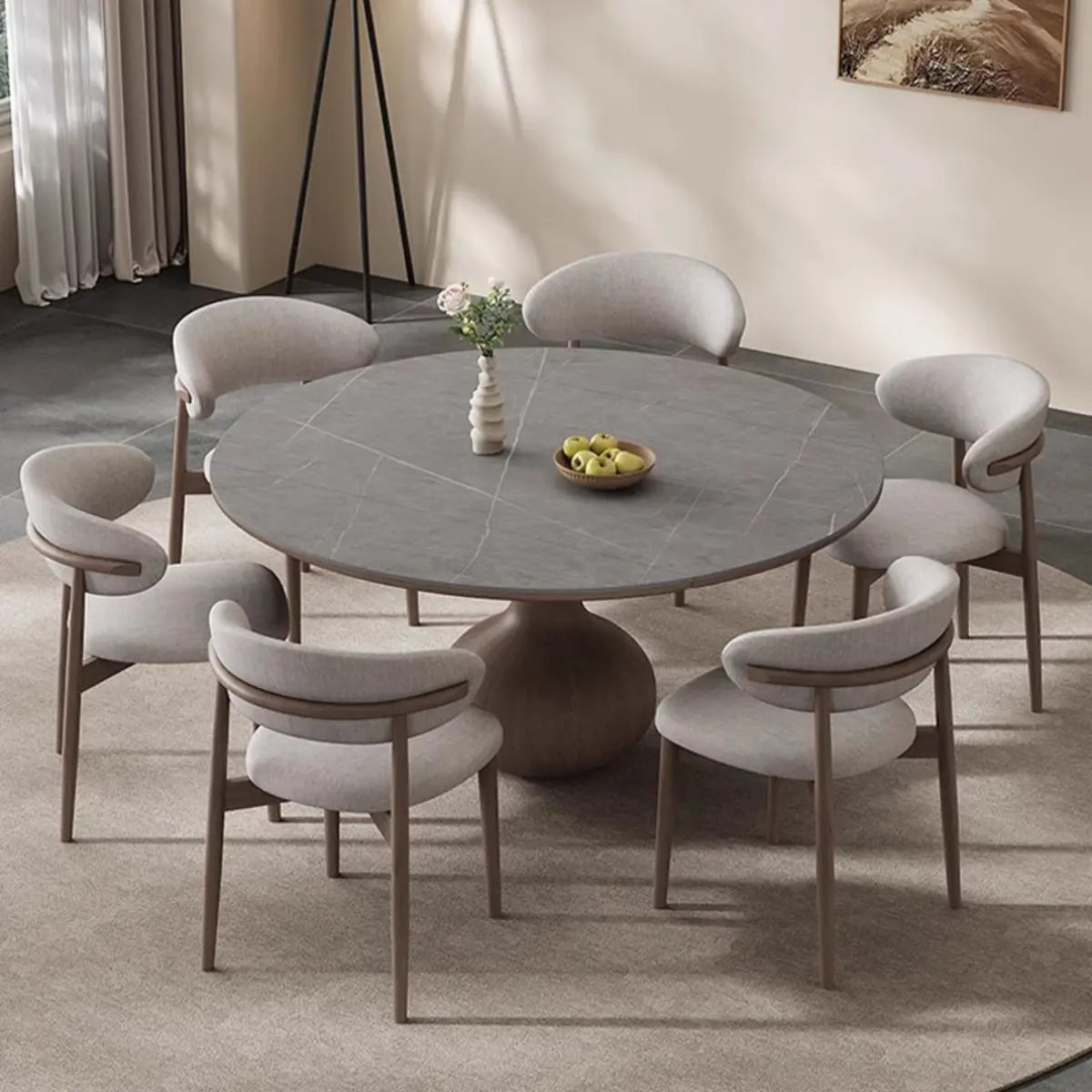 Artistic Round Sintered Stone Dining Table Grey Extendable Image - 4