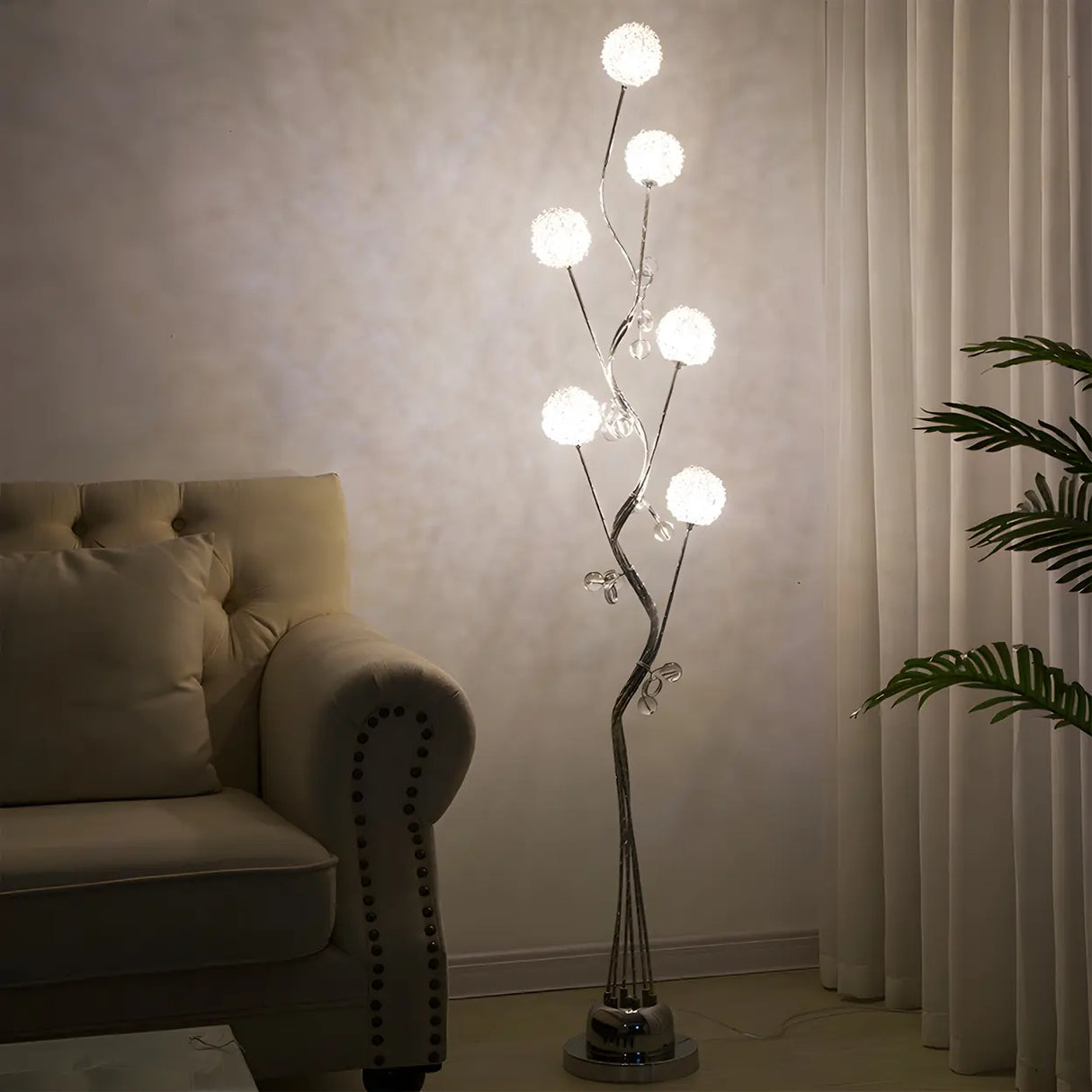 Artistic  Sliver Branch and Chrysanthemum Floor Lamp Image - 1