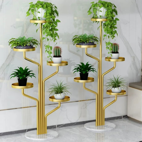 Artistic Tree Shape Tiered Tray Metal Plant Stand Gold Image - 1