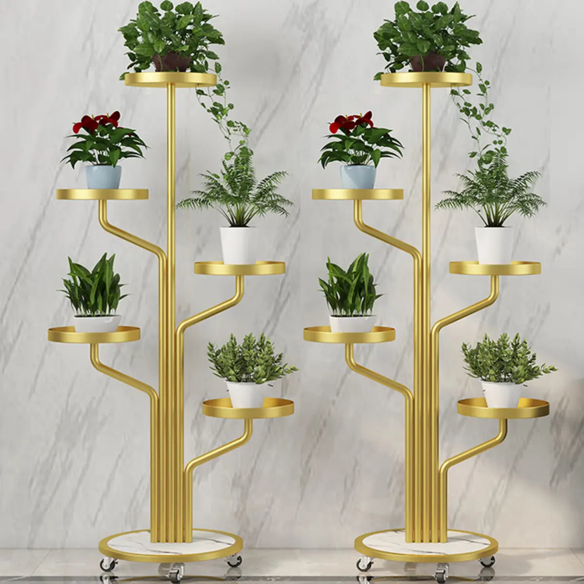 Artistic Tree Shape Tiered Tray Metal Plant Stand Gold Image - 5