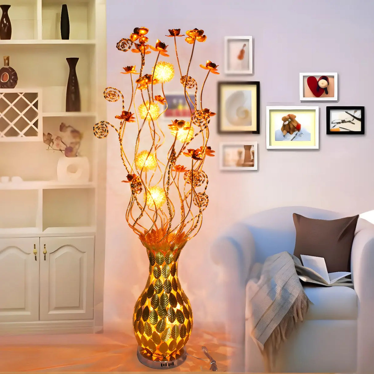 Artistic Urn-shaped and Floral Gold Metal Floor Lamp Image - 1