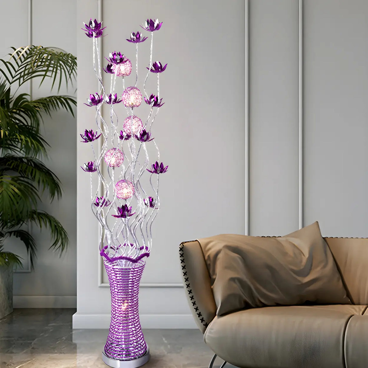 Artistic Vase LED Purple Floral Aluminum Floor Lamp Image - 1