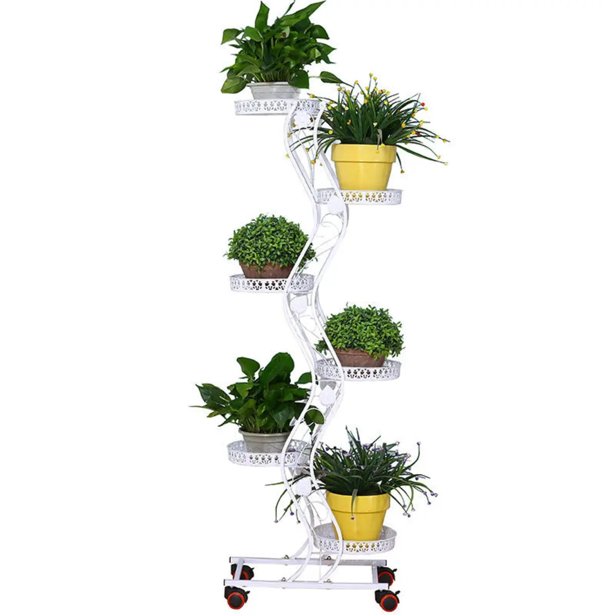 Artistic Wavy Round Tray Metal Rolling Plant Stand White Image - 6